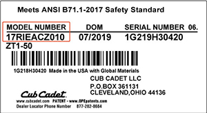 model plate example with model number in the top left corner outlined in red and serial number in top right corner outlined in red